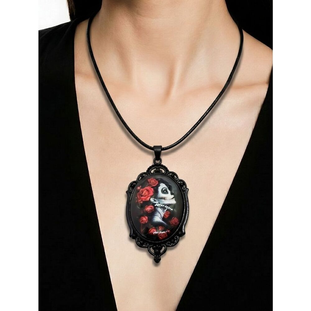 Gothic Skeleton Lady Necklace Red Rose Glass Dome Pendant Dark Romance Jewelry